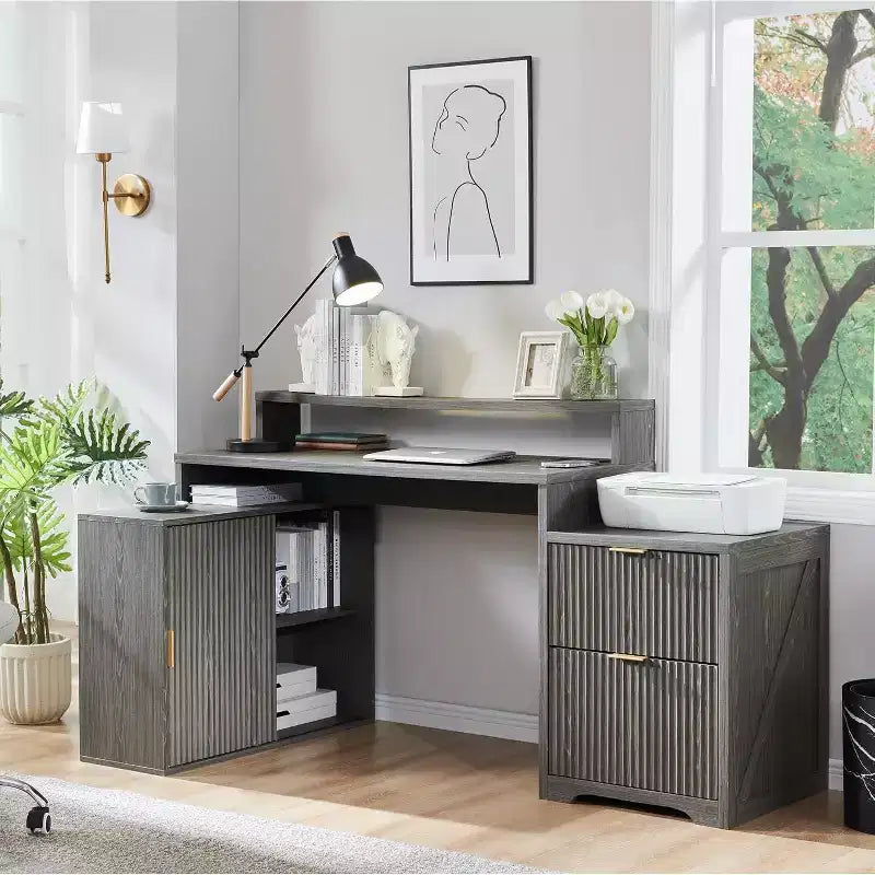Modern 67 L-Shaped Desk with Storage Cabinet & Drawers, Wood Home Office Desk with Power Outlets, Standing Writing Desk