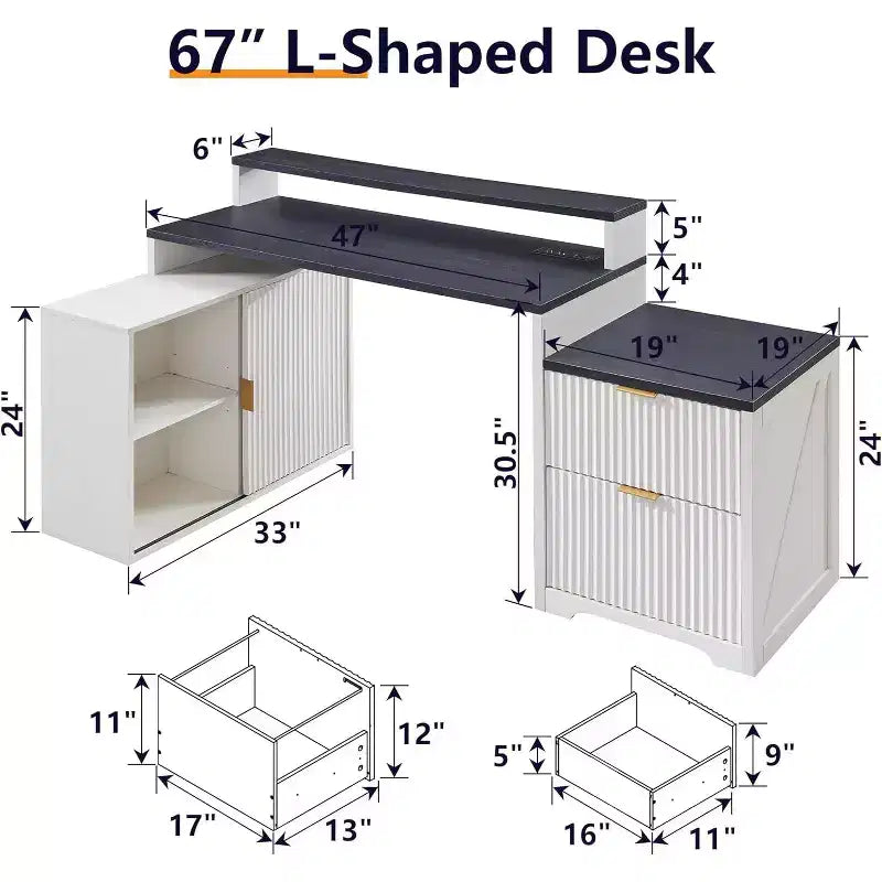Modern 67 L-Shaped Desk with Storage Cabinet & Drawers, Wood Home Office Desk with Power Outlets, Standing Writing Desk