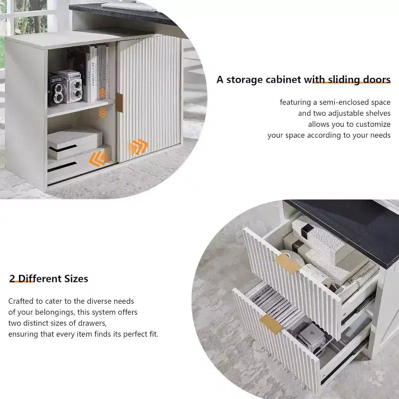 Modern 67 L-Shaped Desk with Storage Cabinet & Drawers, Wood Home Office Desk with Power Outlets, Standing Writing Desk