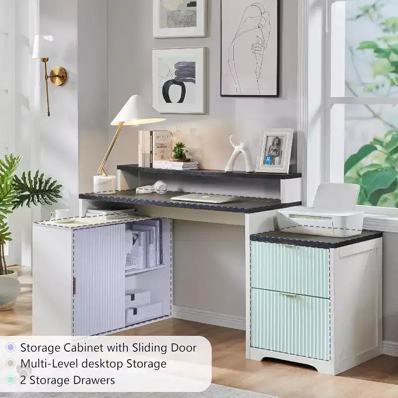 Modern 67 L-Shaped Desk with Storage Cabinet & Drawers, Wood Home Office Desk with Power Outlets, Standing Writing Desk