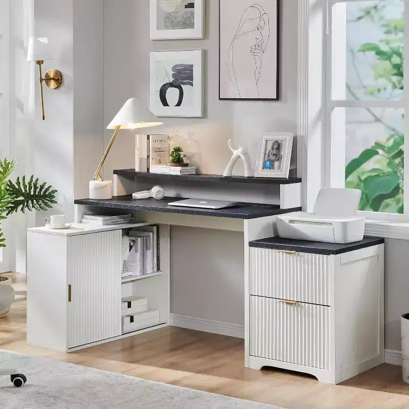 Modern 67 L-Shaped Desk with Storage Cabinet & Drawers, Wood Home Office Desk with Power Outlets, Standing Writing Desk