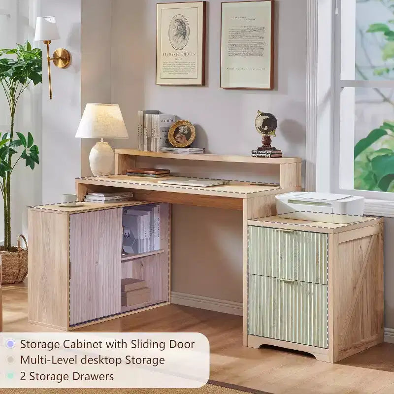 Modern 67 L-Shaped Desk with Storage Cabinet & Drawers, Wood Home Office Desk with Power Outlets, Standing Writing Desk