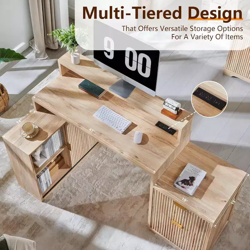 Modern 67 L-Shaped Desk with Storage Cabinet & Drawers, Wood Home Office Desk with Power Outlets, Standing Writing Desk