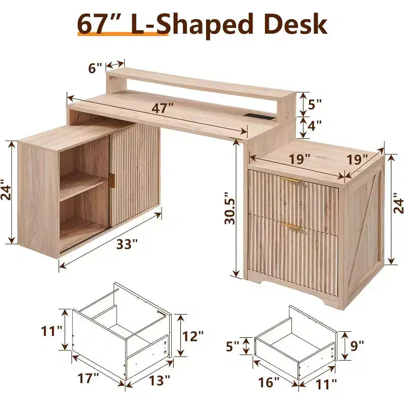 Modern 67 L-Shaped Desk with Storage Cabinet & Drawers, Wood Home Office Desk with Power Outlets, Standing Writing Desk
