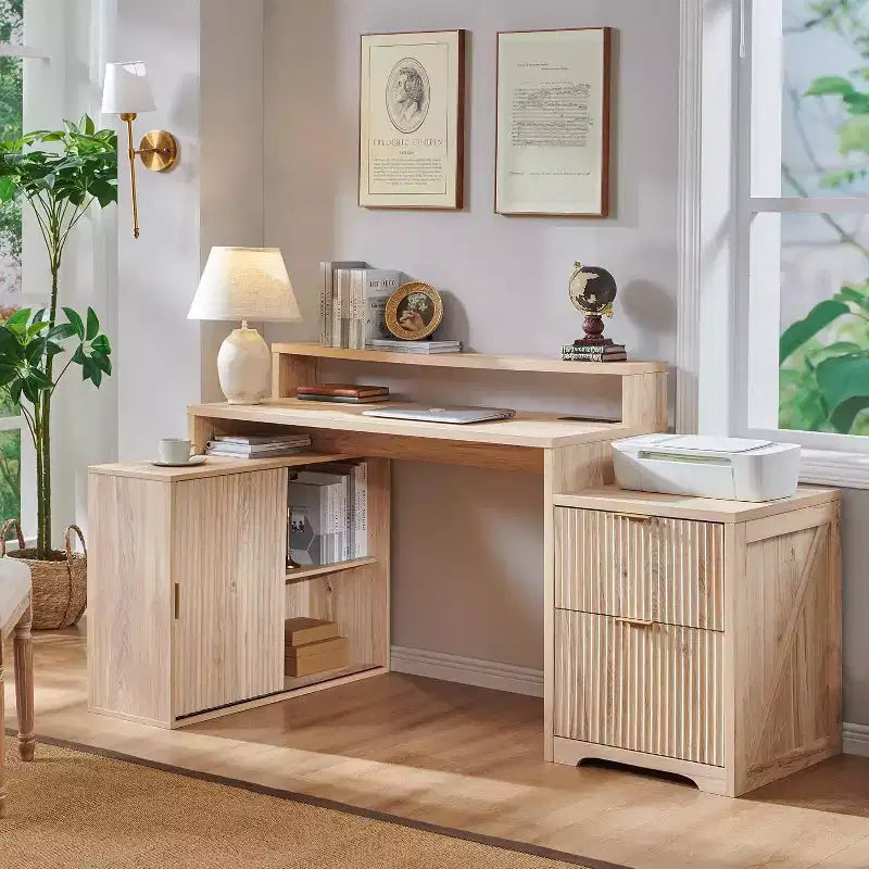 Modern 67 L-Shaped Desk with Storage Cabinet & Drawers, Wood Home Office Desk with Power Outlets, Standing Writing Desk