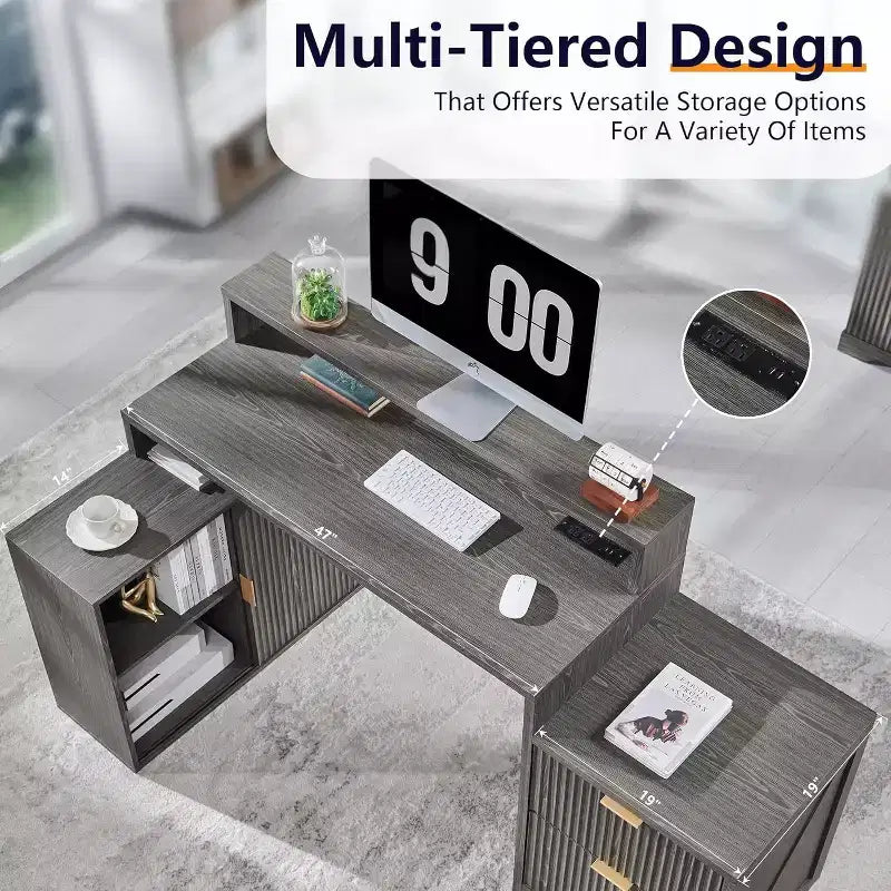 Modern 67 L-Shaped Desk with Storage Cabinet & Drawers, Wood Home Office Desk with Power Outlets, Standing Writing Desk